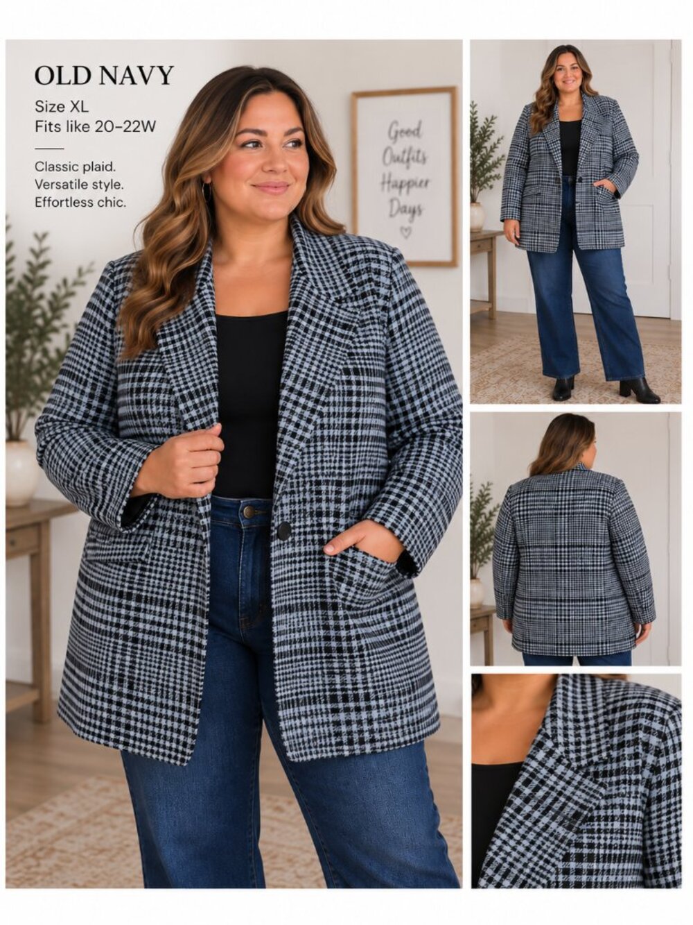 Old Navy XXL Blue Black Plaid Wool Blend Coat Plus Size Preppy